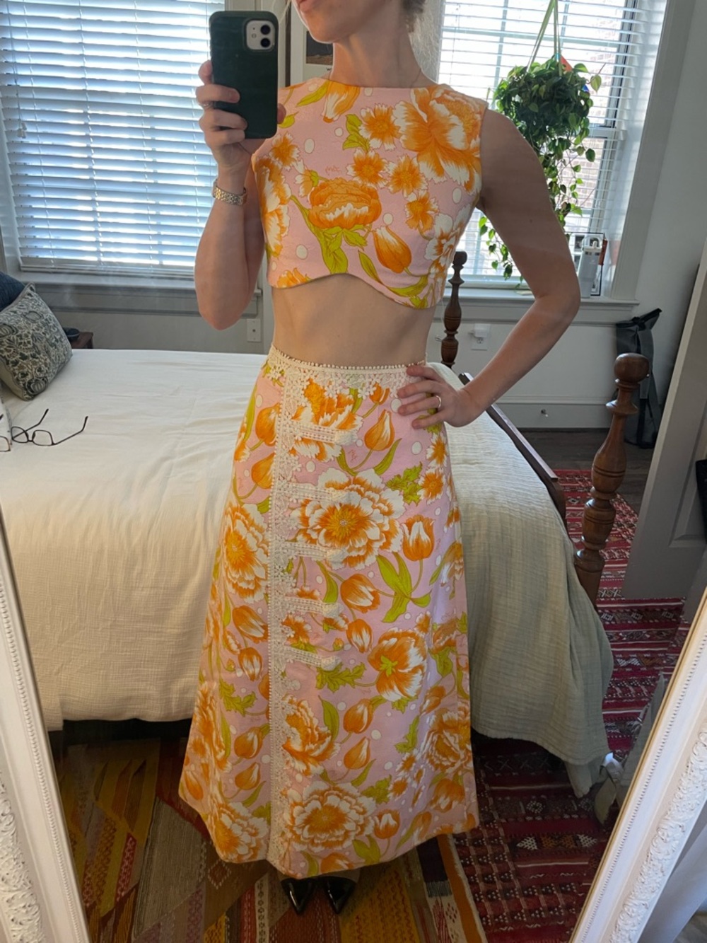 Lilly Pulitzer Pink and Orange Floral Lace-Trim Skirt Set